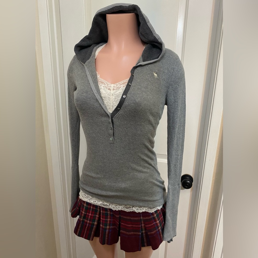 Vintage y2k Abercrombie grey button up ribbed hooded long sleeve top - Picture 12 of 15